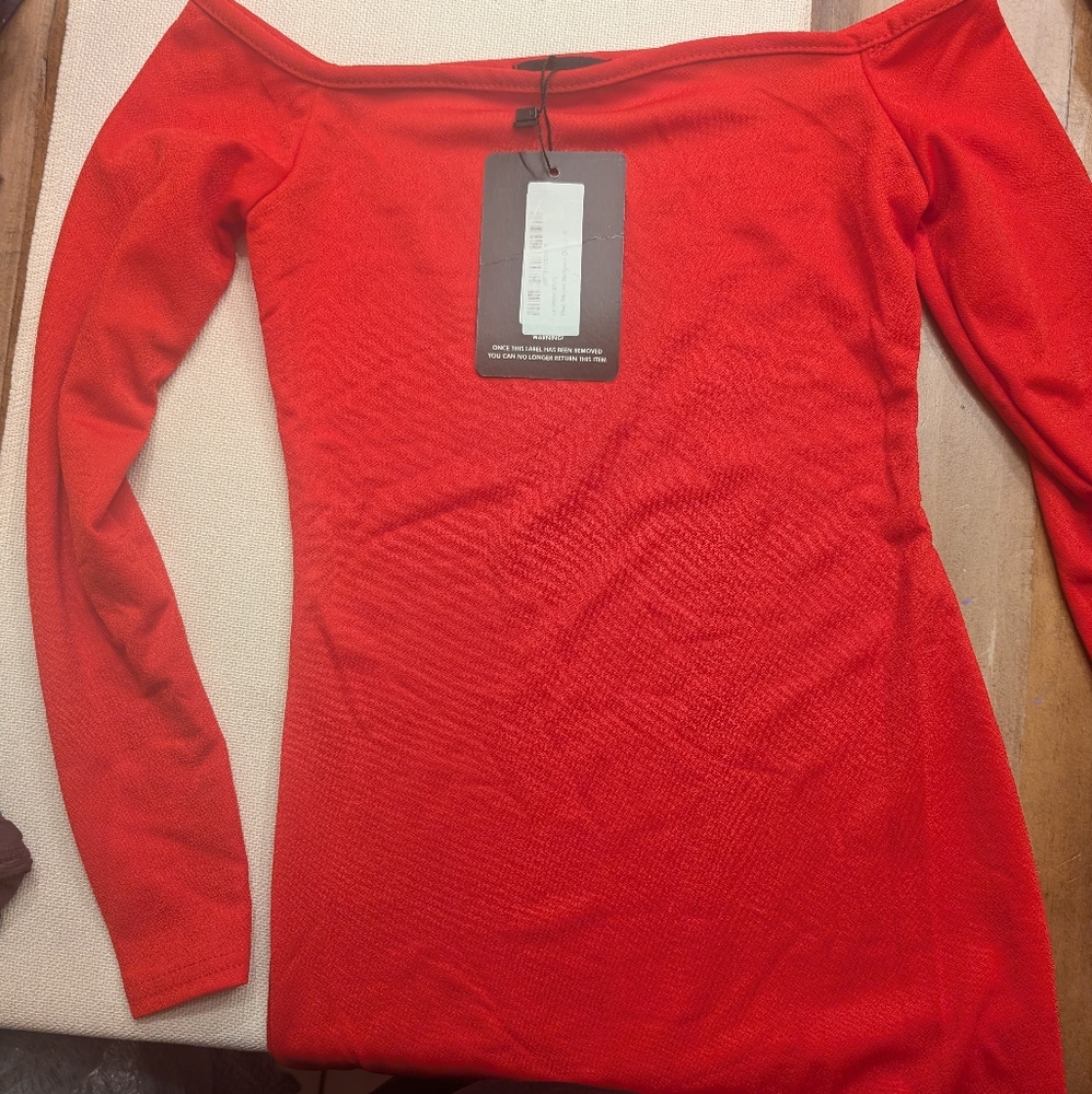 PLT Red Mini Dress with Off Shoulder Long Sleeves.